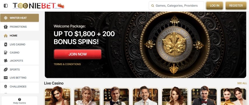 Claim welcome bonus package at ToonieBet casino homepage